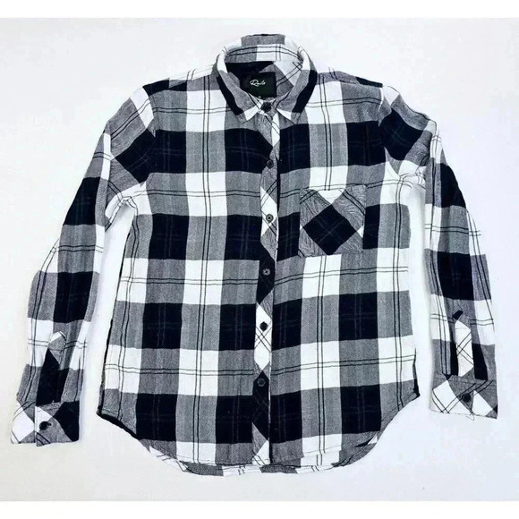 Rails Size XS Women's Black White Gray Check Green Trim Logo Tag Rayon L/S Shirt - Picture 1 of 12